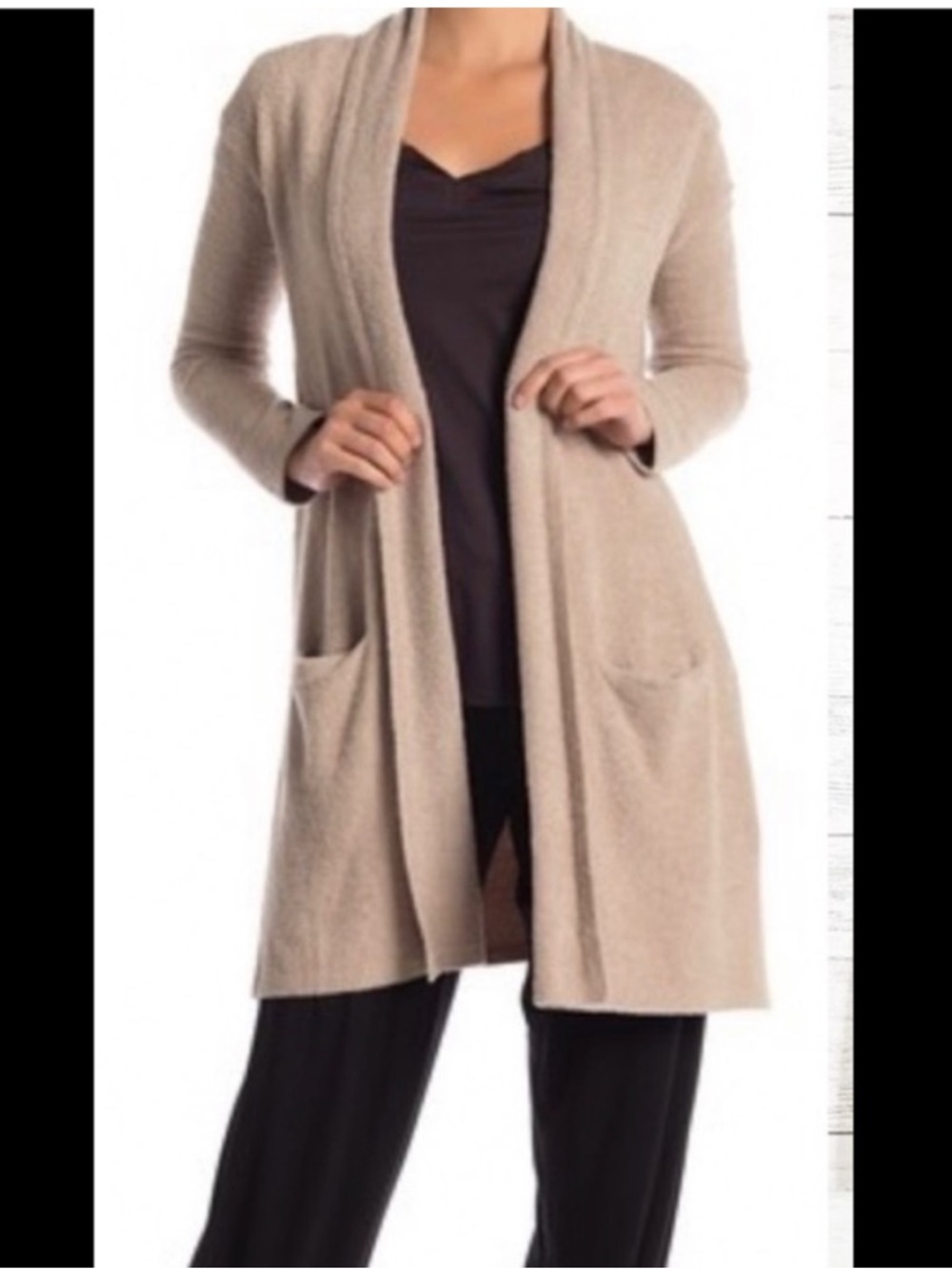 Barefoot Dreams Bamboo Chic Lite Long Open Front Pockets Cardigan Beige Tan M